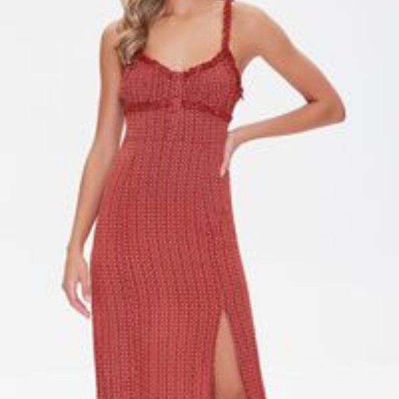 NWT Ornate Print Ruffle-Trim Slit Thigh Red Midi Dress Sz M - Picture 1 of 7